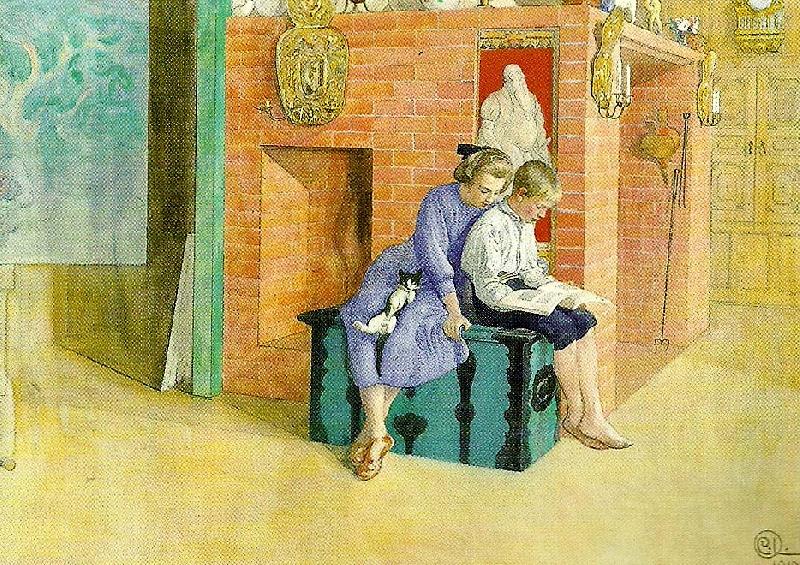 Carl Larsson tre om en bok-kersti och esbjorn samt muff oil painting image